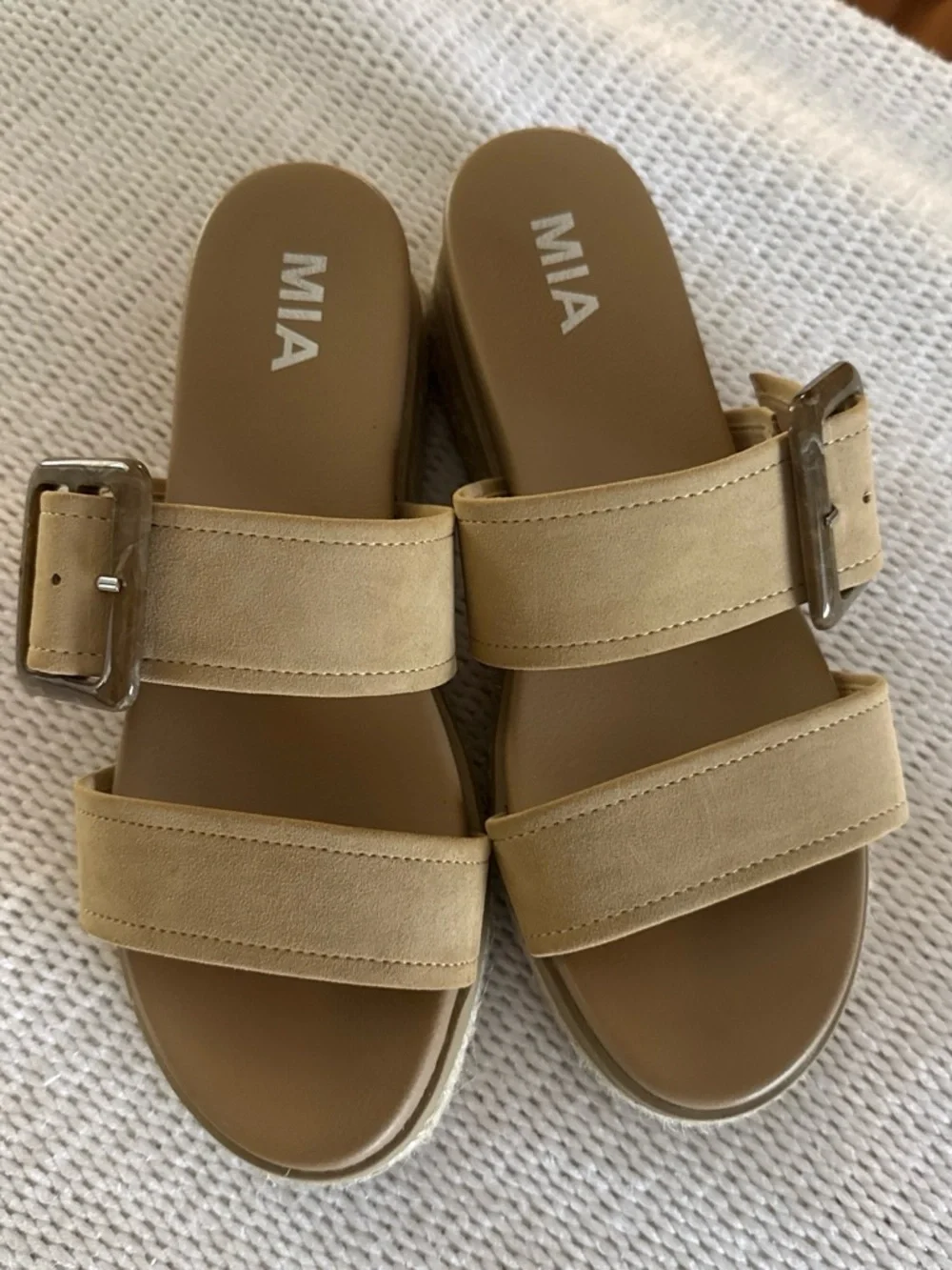 MIA Beige Espadrille Slide Sandals with Tortoiseshell Buckle